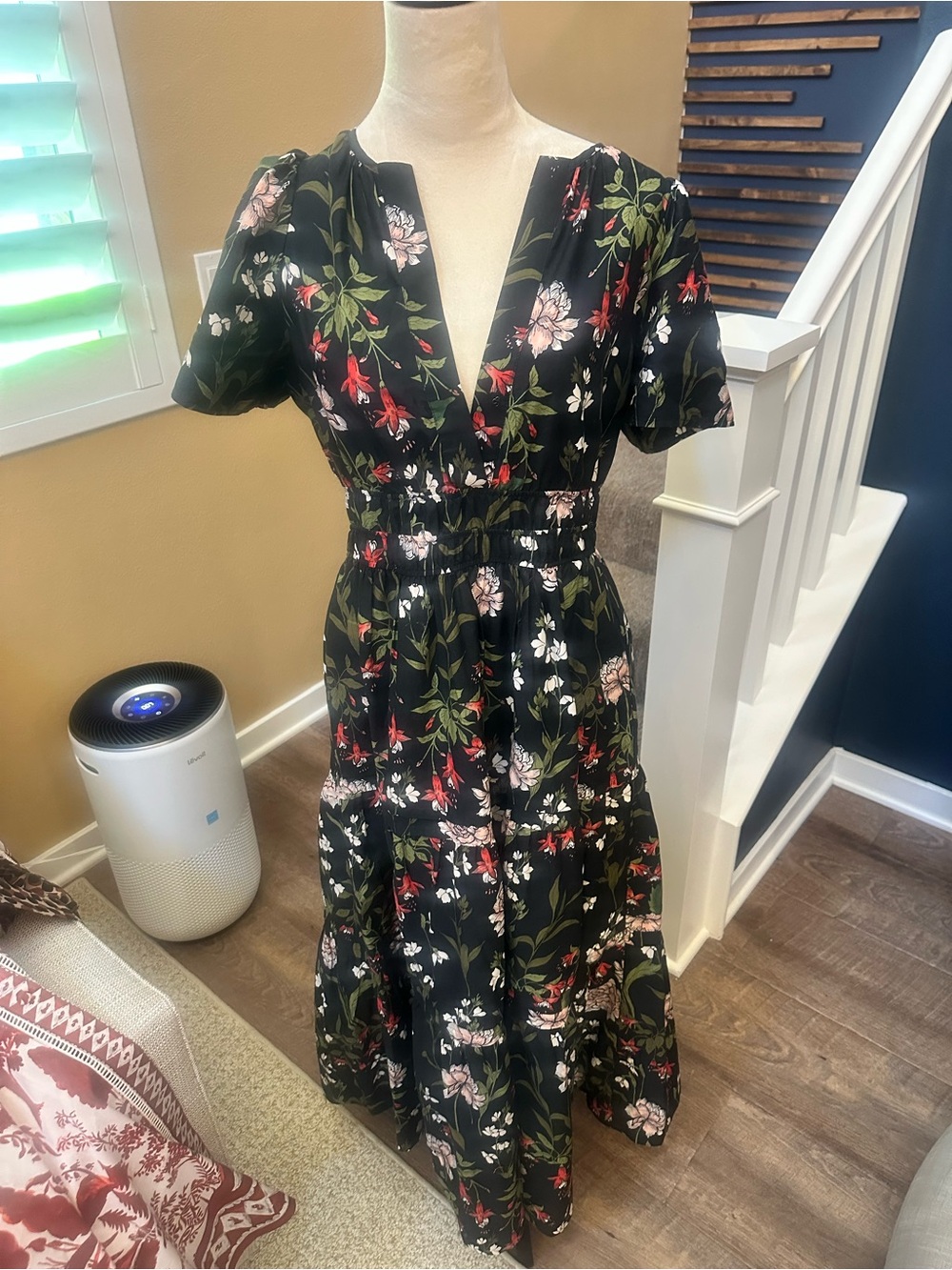 Anthropologie Black Floral V-Neck Maxi Dress